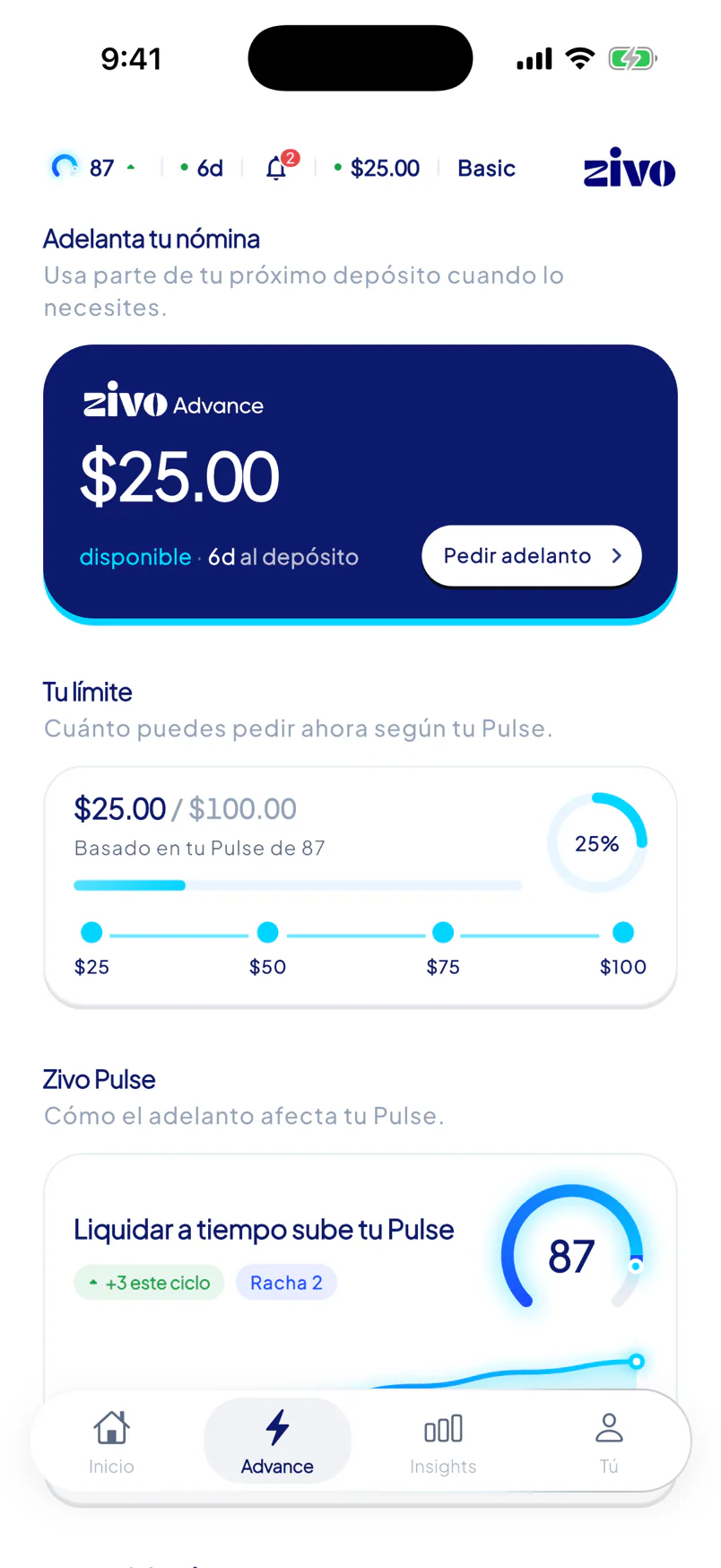Pestaña Zivo Advance en español con el monto disponible y tu límite según tu Pulse