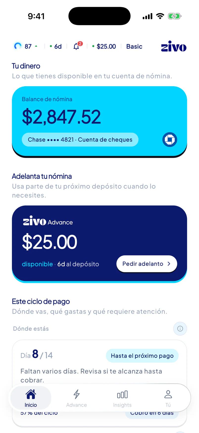 Pantalla de inicio de Zivo en español con el saldo de nómina, la tarjeta Zivo Advance y el ciclo de pago